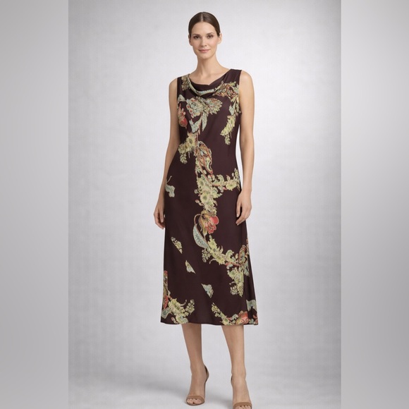 Harari Dresses & Skirts - Harari 100%‎ Silk Brown Floral Cowl Neck Sleeveless Dress semi-sheer Size M $394